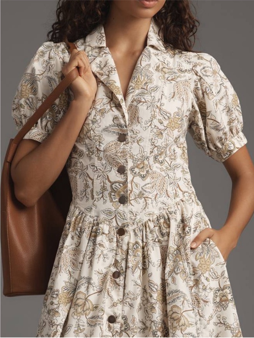 Floral Button-Front Midi Dress in Cream and Brown - Picture 5 of 14